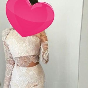 Nude and white crop top and skirt set